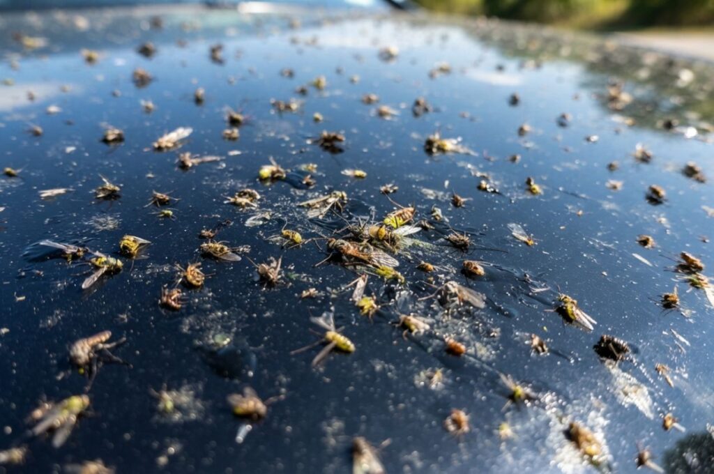 Fresh insect splatter covering a glossy black vehicle hood