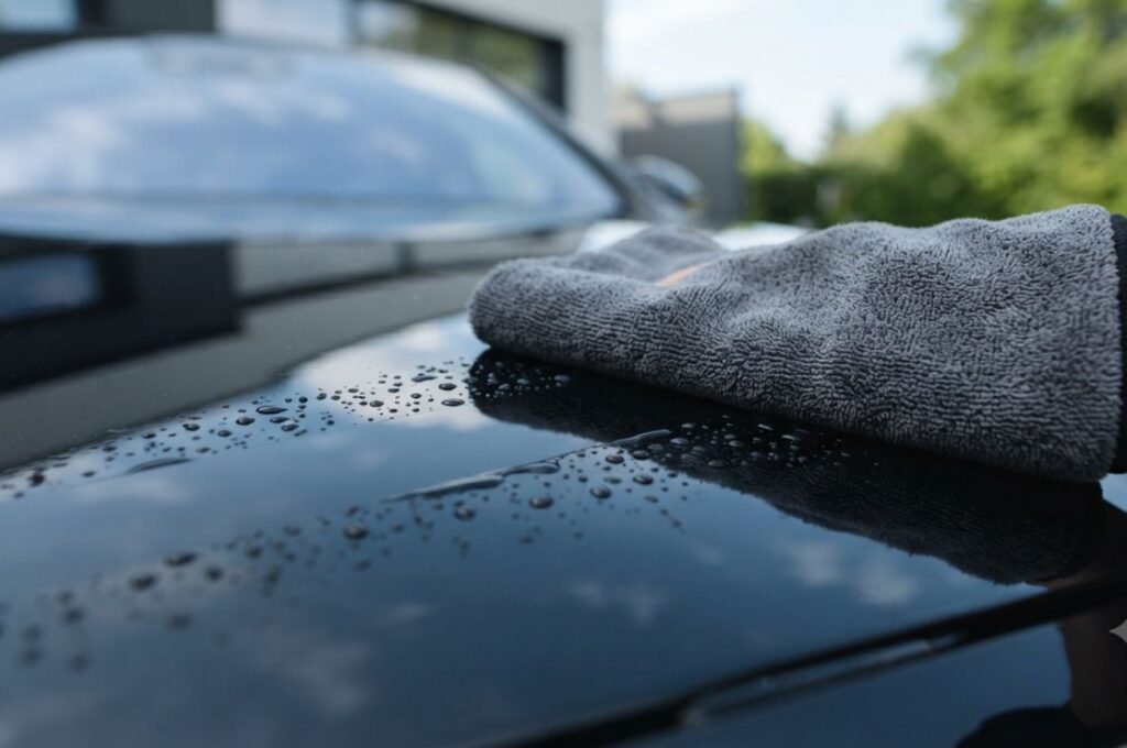 Plush microfiber drying towel gently drying the hood of a freshly washed luxury sedan
