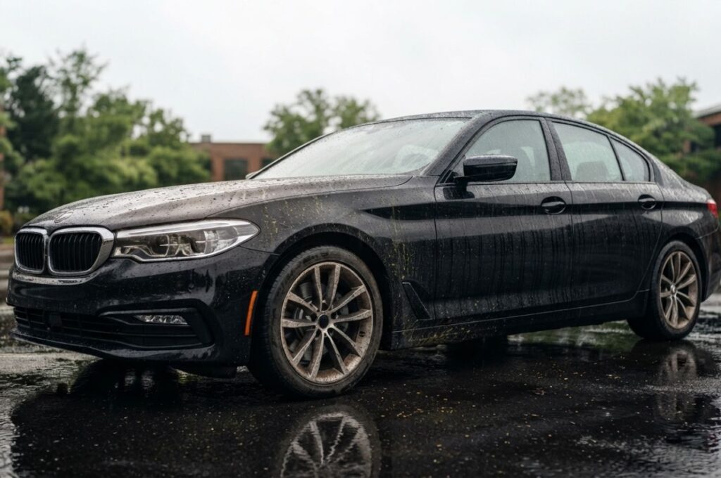 dark-colored sedan parked outdoors covered with rainwater streaks, water spots, pollen residue.