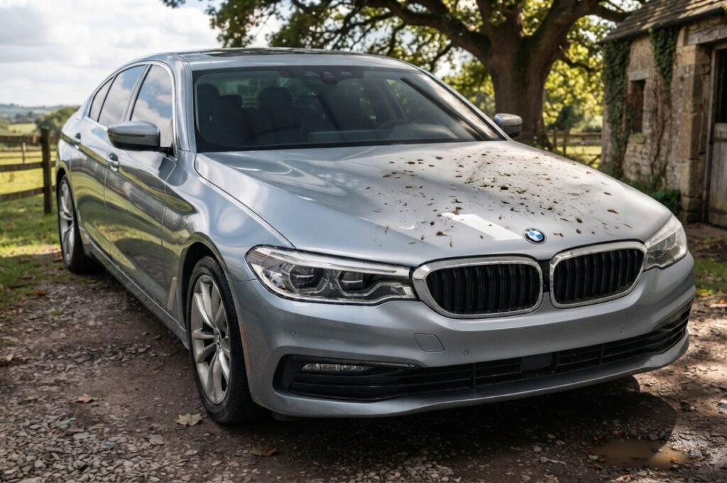 Modern sedan covered with fresh insect splatter across the hood