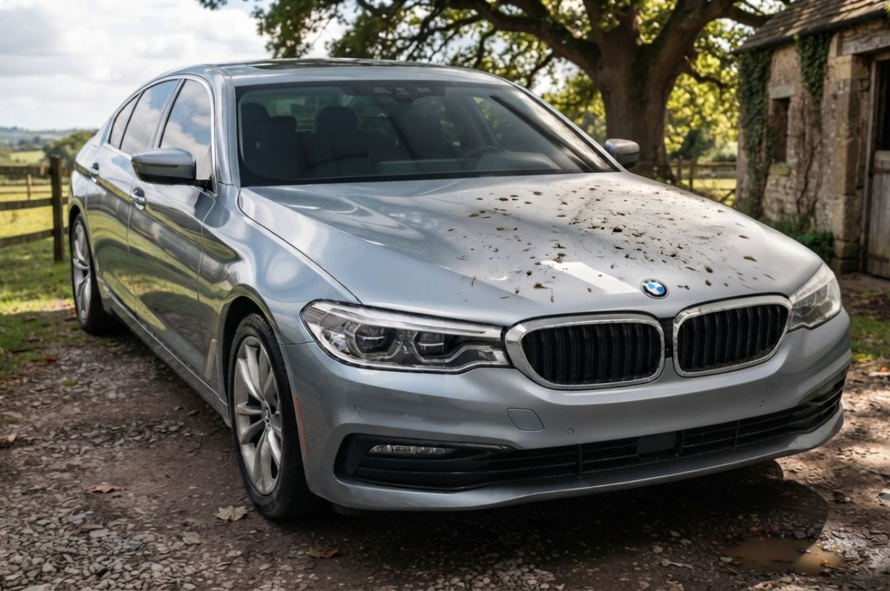 Modern sedan covered with fresh insect splatter across the hood