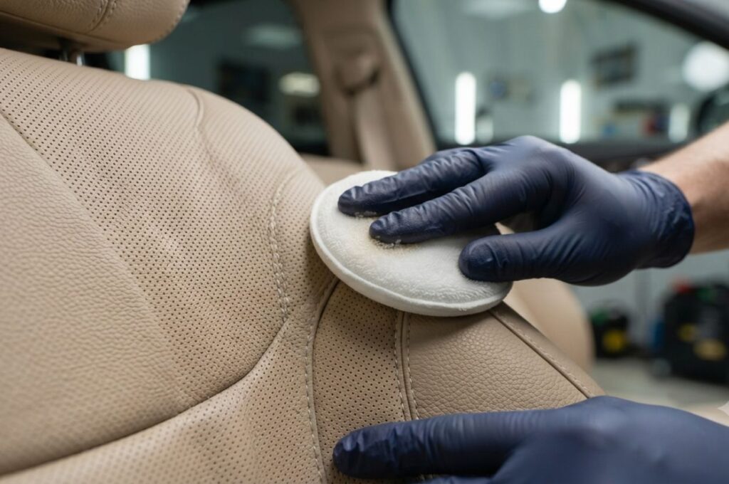 Detailer applying a small amount of premium leather conditioner to perforated beige leather using a microfiber applicator pad.
