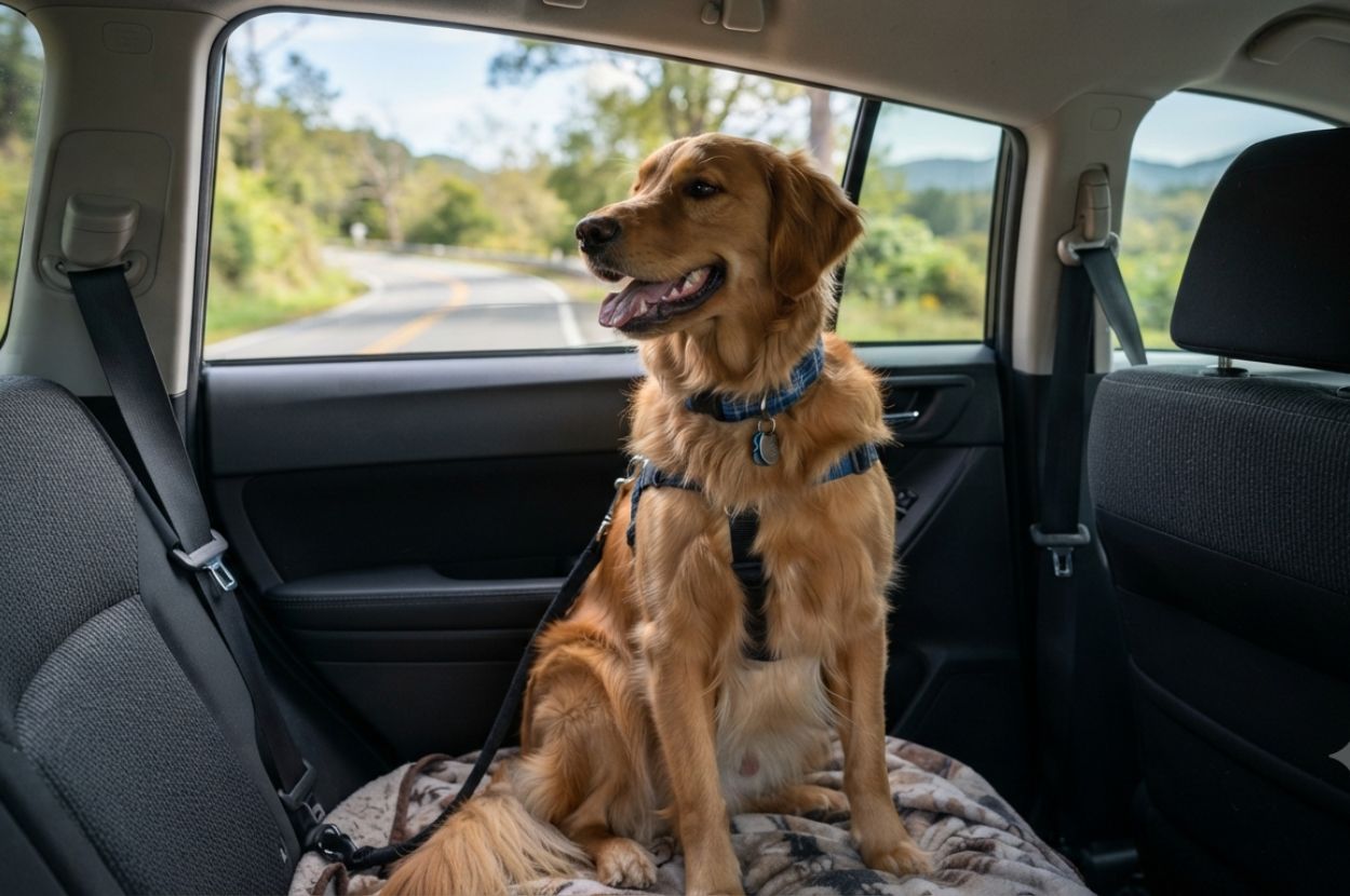 Golden retriever sitting inside a car