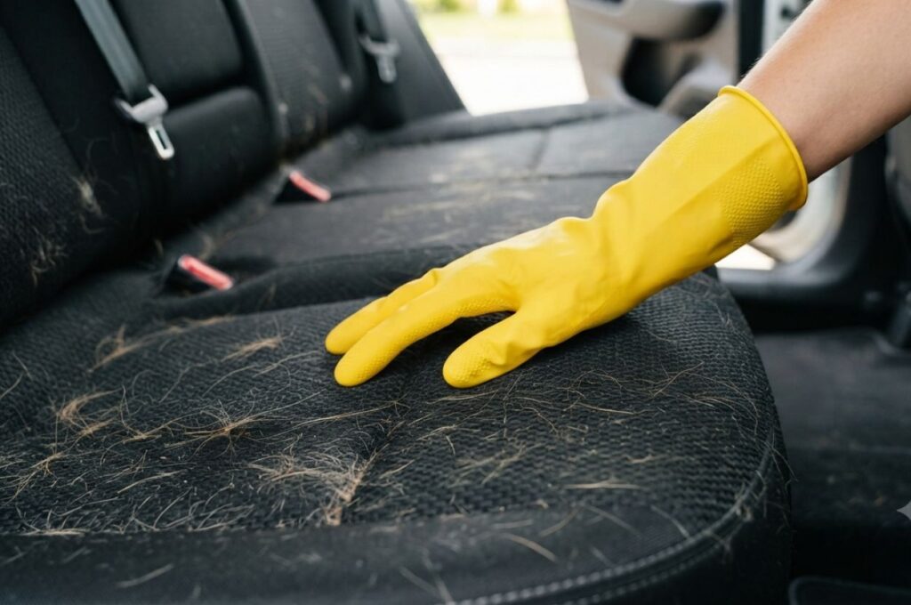 Right yellow rubber dishwashing glove dragging across a black fabric car seat, collecting pet hair