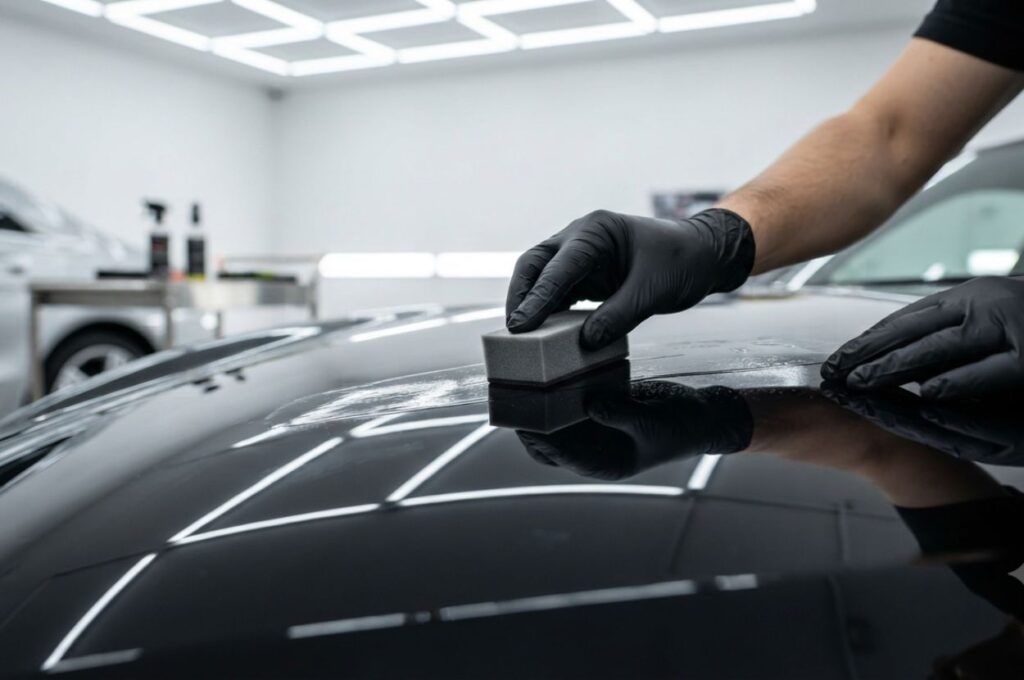 professional detailer applying ceramic coating to a polished vehicle hood
