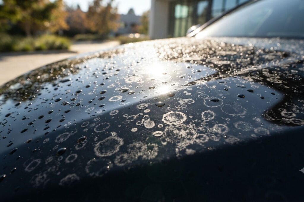 Black vehicle hood covered with hundreds of drying rain droplets that have begun leaving mineral rings and water spots on the glossy paint.