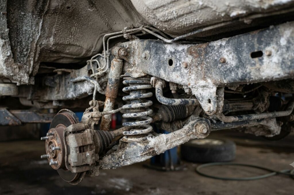 Vehicle showing the frame rails, suspension components, and floor pan coated with dried white road salt residue