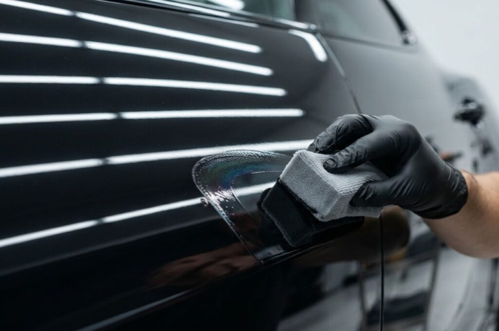 Professional detailer applying a ceramic coating to a freshly corrected black vehicle using a microfiber applicator block.