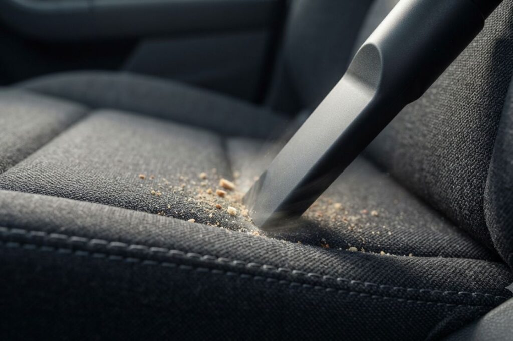 A commercial vacuum crevice attachment cleaning the seam between a cloth car seat cushion and seat back.