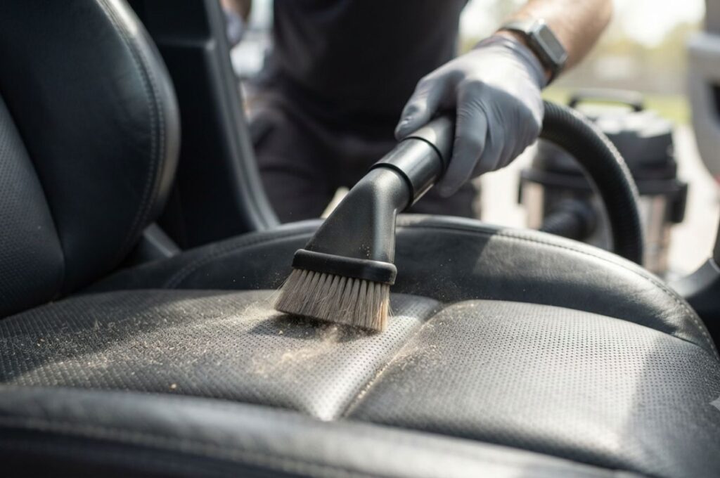 Detailing vacuum with a soft brush attachment held at a slight angle while gently cleaning premium perforated leather car seats