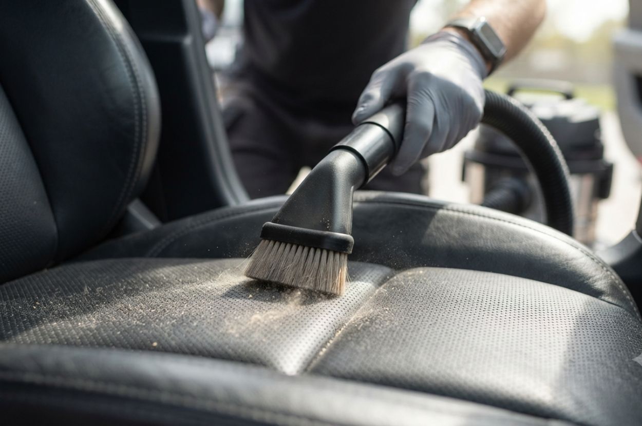 Detailing vacuum with a soft brush attachment held at a slight angle while gently cleaning premium perforated leather car seats