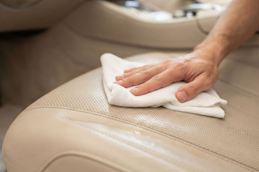 Hand gently wiping premium beige perforated leather upholstery